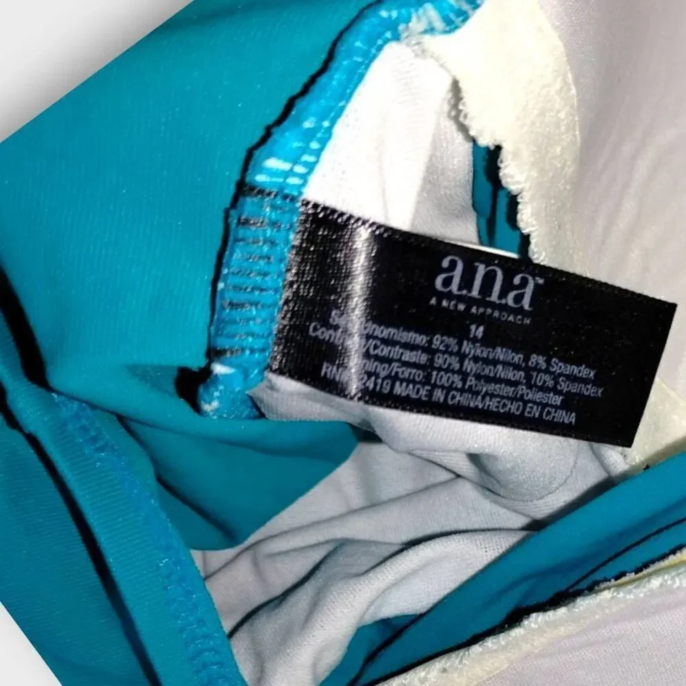 ANA Womens Swimsuit Sz 14 One Piece Turquoise Bra Support Ruched Torso High Legs